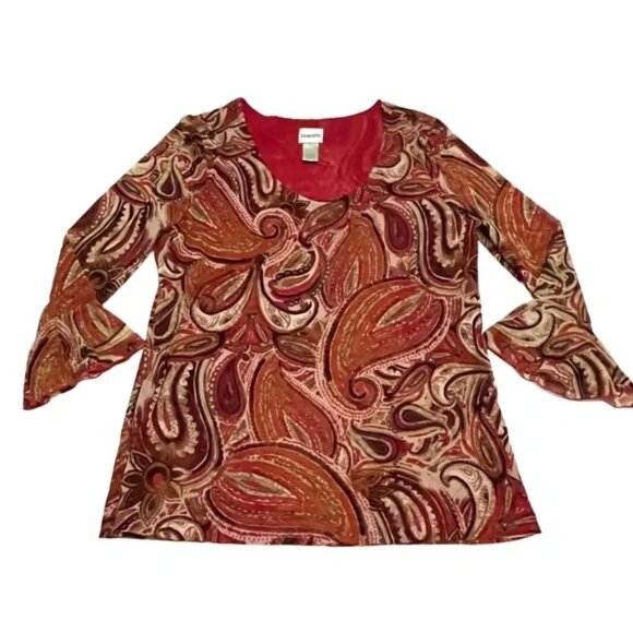Chico’s Paisley Boho Scoop Neck Bell Sleeve Blouse Red Rust Olive Size L - Picture 1 of 13